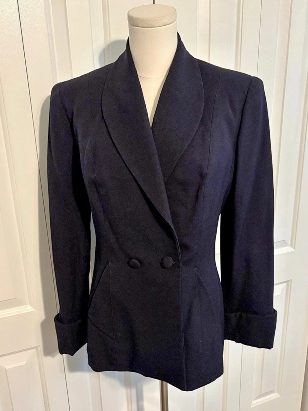 Vintage Unbranded Navy Blue Fitted Waist Double-Breasted Blazer